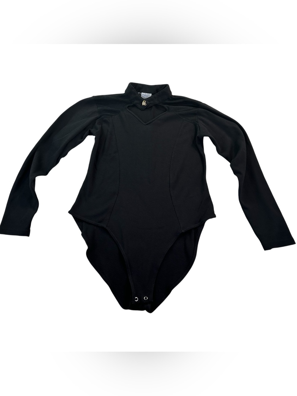 Vintage 90s Bonjour Black Collared Keyhole Bodysuit Women’s L Gold Heart Y2K